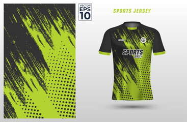 Green black t-shirt sport design template with abstract grunge and halftone pattern for soccer jersey. Sport uniform in front view. Shirt mock up for sport club. Vector Illustration	 - obrazy, fototapety, plakaty