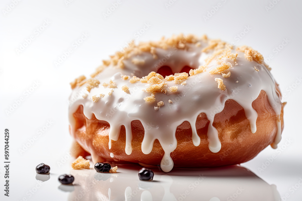 Poster a doughnut with icing and crumbs on a white surface. ai generative.