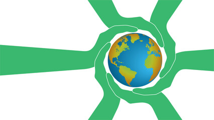 Banner with green hands holding planet Earth in a ring. Responsibility, sustainability, teamwork and cooperation. Dimension 16:9.