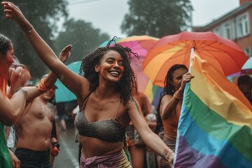 Raining onto a lgtbq gay pride rainbow flag, gay and lesbians, group people mans and womens, laughing and having fun at a festival Generative AI