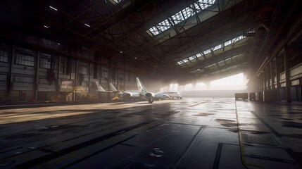 Abandoned rusty airport hangar, warehouse interior, AI generative