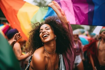Raining onto a lgtbq gay pride rainbow flag, gay and lesbians, group people mans and womens, laughing and having fun at a festival Generative AI