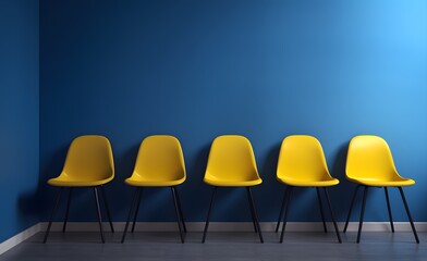 Un alignement de chaises jaunes dans le cadre d'un recrutement suite à une offre d'emploi - obrazy, fototapety, plakaty