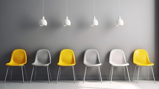 Un alignement de chaises jaunes, grises et blanches dans le cadre d'un recrutement suite &agrave; une offre d'emploi