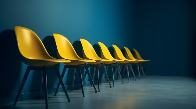 Un alignement de chaises jaunes dans le cadre d'un recrutement suite à une offre d'emploi