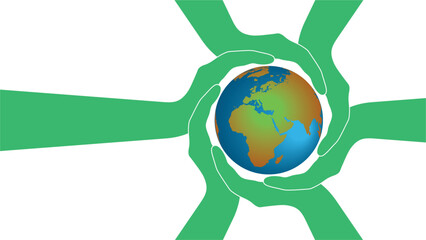Banner with green hands holding planet Earth in a ring. Responsibility, sustainability, teamwork and cooperation. Dimension 16:9.