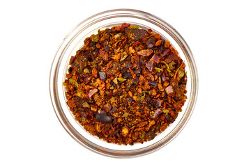 Cig kofte baharat, colorful spices for meat, isolated on white background.