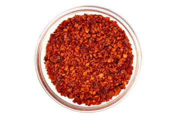 Tatli pul biber, Dried red chilli peppers spice as a background, texture, pattern. High quality photo. Isolated on white background.