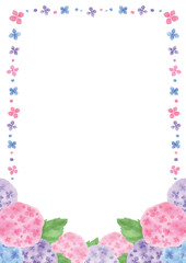 白背景の水彩手描きの三色のあじさいの縦型フレーム