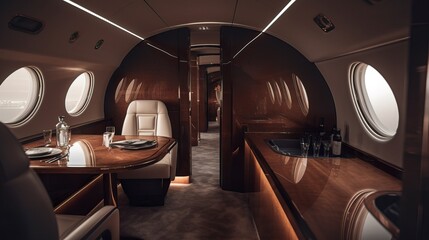 A fictional person.  Luxurious interior of modern private jet