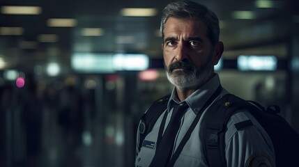 Obraz premium A fictional person. Confident Airport Security Officer Standing at Checkpoint