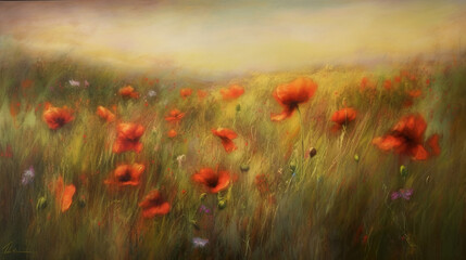 Fototapeta na wymiar Wild red poppy on a field or meadow, AI generative illustration