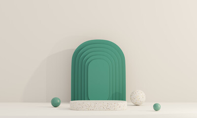 Cream and Green pastel backdrop wall 3d render image mockup background of terrazzo podium.