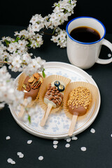 popsicle shaped cake pops on a plate and a cup of coffee on black background