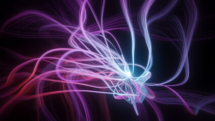 Abstract 3D illustration of glowing neon purple blue orb with long curly waving tendrils, science or research concept, neuron cell or synapse visualization on black background