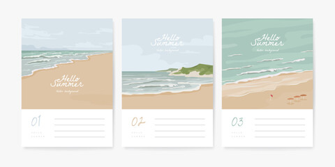 Set of beautiful banner, poster or greeting card design template with sandy summer beach. Set of nature landscape background. Vector illustration