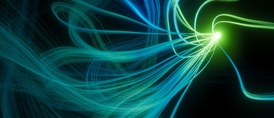 Green and blue neon abstract 3D illustration of glowing orb with long curly waving tendrils, science or research concept, neuron cell or synapse visualization on black background