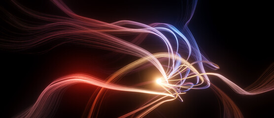 Abstract 3D illustration of glowing red yellow orb with long curly waving tendrils, science or research concept, neuron cell or synapse visualization on black background