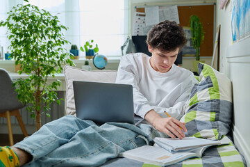 Teenage guy lying at home on couch student using laptop notebook textbook