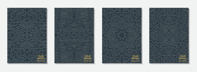 Fototapeta premium Cover set, ethnic vertical templates. Collection of relief geometric backgrounds with 3D pattern. Minimalistic tribal motifs of East, Asia, India, Mexico, Aztecs, Peru.Vintage dark color.