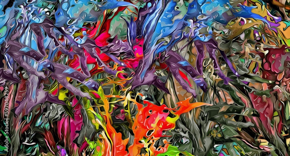 Poster abstract texture psychedelic fractal of chaotic figures of various shapes and sizes