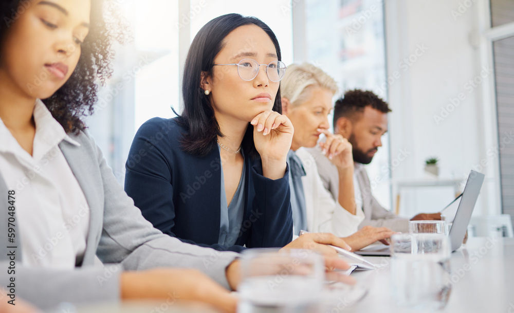 Poster Conference meeting, woman or row of thinking people planning, problem solving or brainstorming solution. Diversity audience, business panel focus or Asian person contemplating ideas, plan or strategy