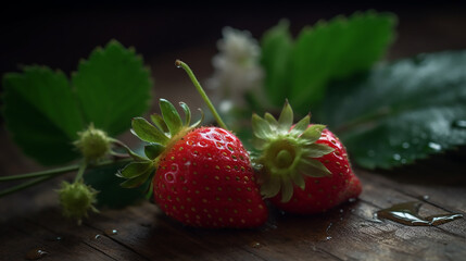 Dew-kissed strawberries on a rustic wooden surface, evoking a sense of freshness and natural taste.