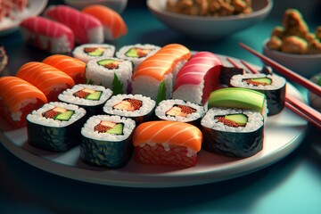 Illustration of vibrant sushi rolls on a plate. Generative AI