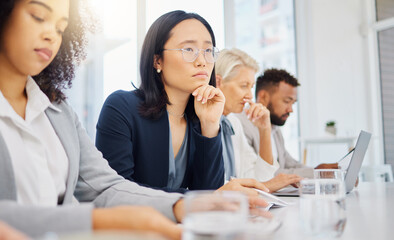 Conference meeting, woman or row of thinking people planning, problem solving or brainstorming...