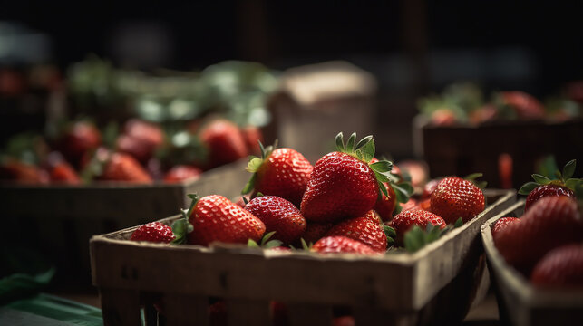 Strawberries in a wooden crate, a market-fresh image that evokes a sense of farm-to-table authenticity.