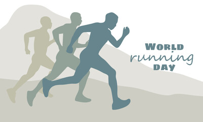 Fototapeta na wymiar World Running Day. Vector poster design. The concept of a healthy lifestyle. Men run ahead of each other in nature. Flat vector illustration. A template for a banner, an advertising cover Competitions