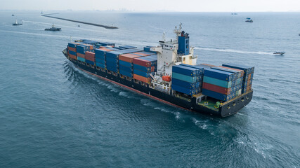Aerial view container cargo ship, Global business import export logistic and transportation freight...