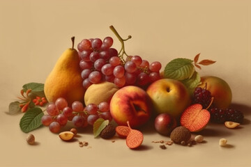 Fruit still life o beige color background, created with Generative AI Technology