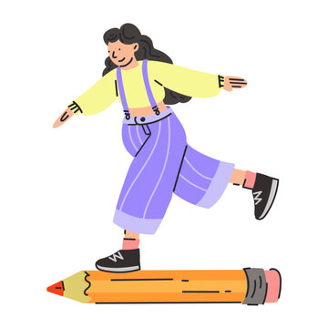 The girl with the big pencil. A young student holds a pencil. Cute funny isolated character. Cartoon style. Hand-drawn vector illustration. Drawing, writing, creation, design, blogging concept. Flat