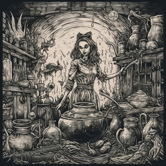 evil witch with cauldron comics illustration ai artwork witchery spells Magic Ai generativ magic potion artwork