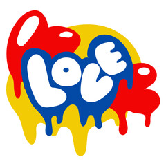 Colorful inscription love in a rounded graffiti style. Rounded lettering and shapes with streaks of paint. Vector illustration isolated on a white background. Imitation of street signs as stickers