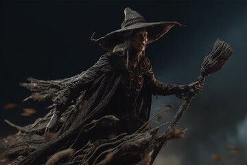 Fototapeta premium Flying witch on broom on dark background in Halloween, created with Generative AI Technology