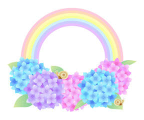 梅雨イメージのイラスト素材 ベクター 紫陽花と虹 6月 フレーム かたつむり