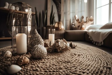 Fototapeta na wymiar Living space with beach vibe, jute rug & seashell decor. Generative AI