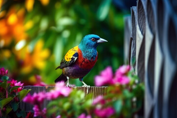 Colorfull exotic Bird sitting on the flower fence. Abstract spring background.  digital ai art