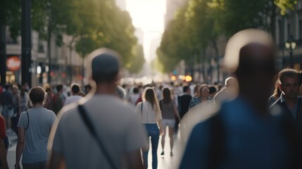City Life in Motion. A Bokeh Blur of People Walking through the Busy Streets. Generative AI - obrazy, fototapety, plakaty