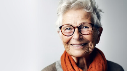 Happy elderly woman over white background. Generative AI.