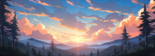 Heavenly early morning sunrise over vast foggy pine tree mountain range stretching to the horizon with pristine natural beauty and pretty wildflowers blooming, panoramic view - generative ai
