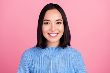 Fototapeta premium Photo of positive lovely girl beaming toothy smile bob hairstyle isolated on pink color background