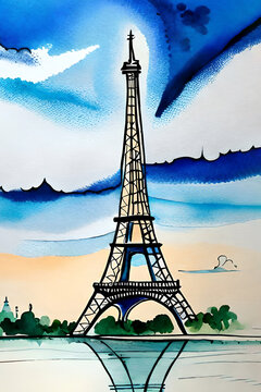 Eiffel Tower watercolour built by Gustave Eiffel in Paris France and is a popular tourist holiday travel destination and landmark attraction, computer Generative AI stock illustration image