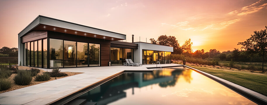 Blick auf einen Bungalow mit Pool und &auml;sthetischer Gartenanlage im Sonnenuntergang, Panorama, Generative AI