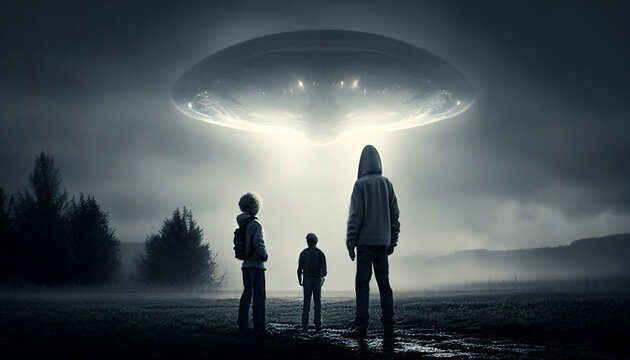 Close encounter of the third kind with a UFO flying saucer spaceship from outer space creating an alien abduction sighting phenomenon of human beings, computer Generative AI stock illustration