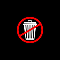 Can, sign. No trash bin icon  isolated on black background