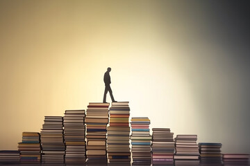 Education and leisure illustrative concept. Human silhouette walking up on ladders made of books. Abstract interpretation of books and knowledge. Copy space. Generative AI