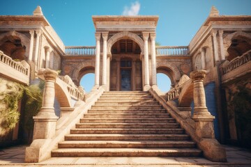 Fototapeta na wymiar 3D render of ancient buildings with stairs and arches against a blue sky, perfect for travel presentations and advertising. Generative AI